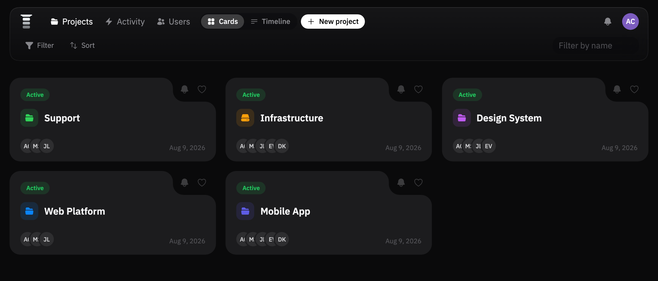 The Projects page: cards, favorites, and the top bar